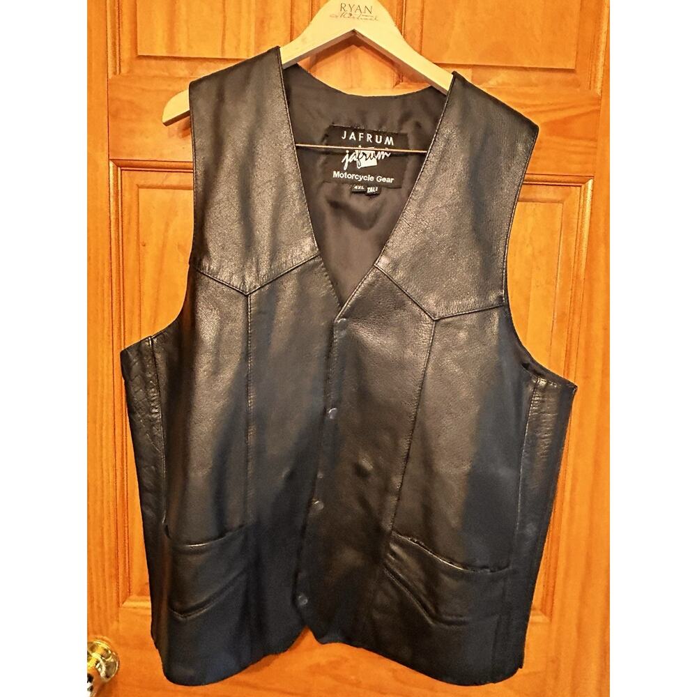 Vtg Jafrum Biker Vest Mens 4xl Tall Black Leather Side Laces Snap Front